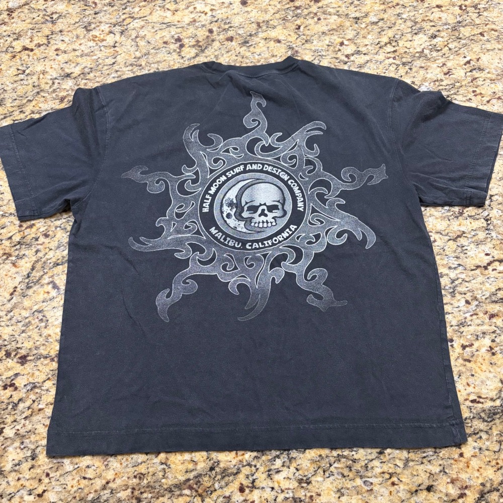 Hollister Mens Boxy Crop Fit Graphic T-Shirt Black Skull Surf Malibu Size M ws